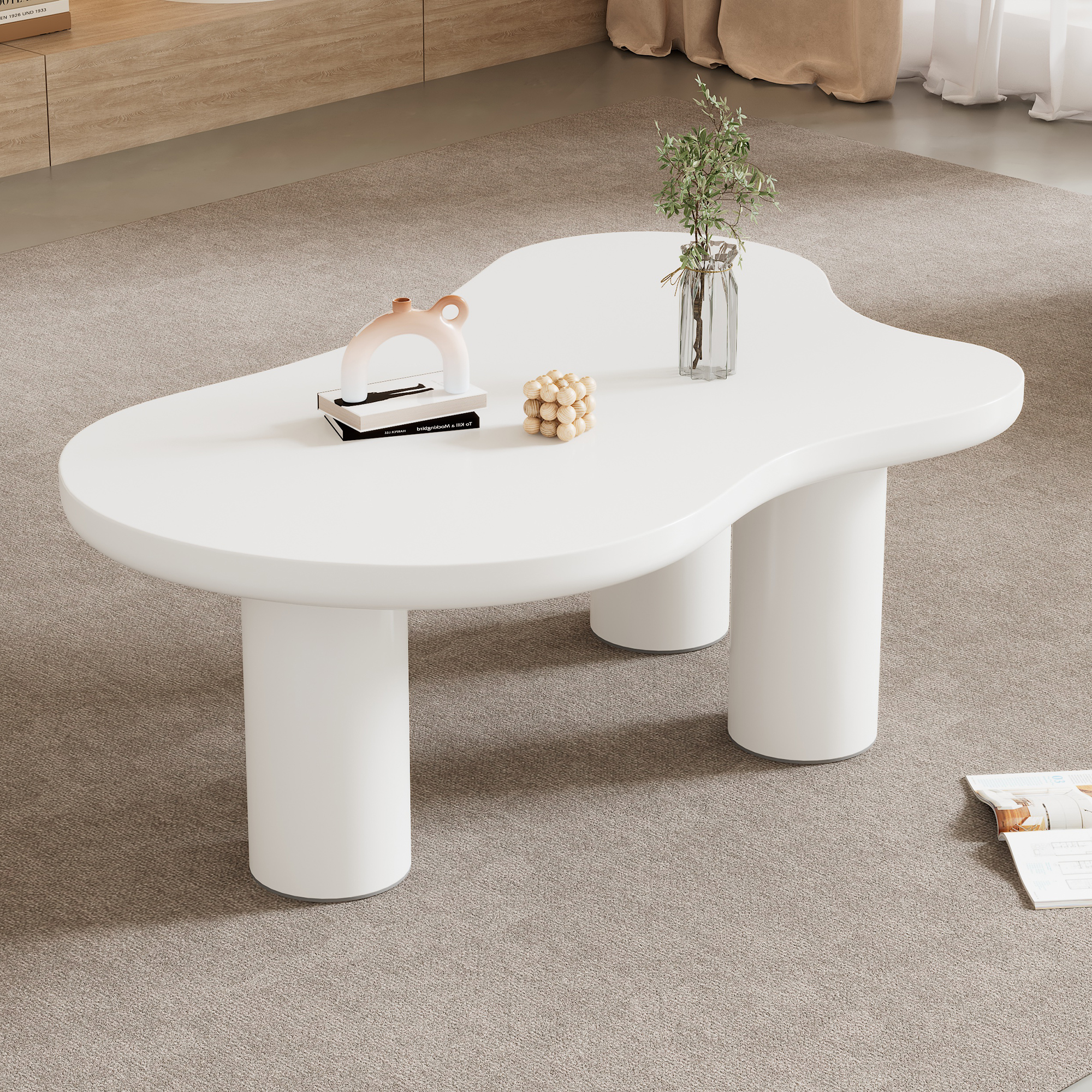 Stolik kawowy w kształcie chmurki - 107 x 66 x 40,5 cm - blat z płyty MDF i nogi z tworzywa PVC - biały
