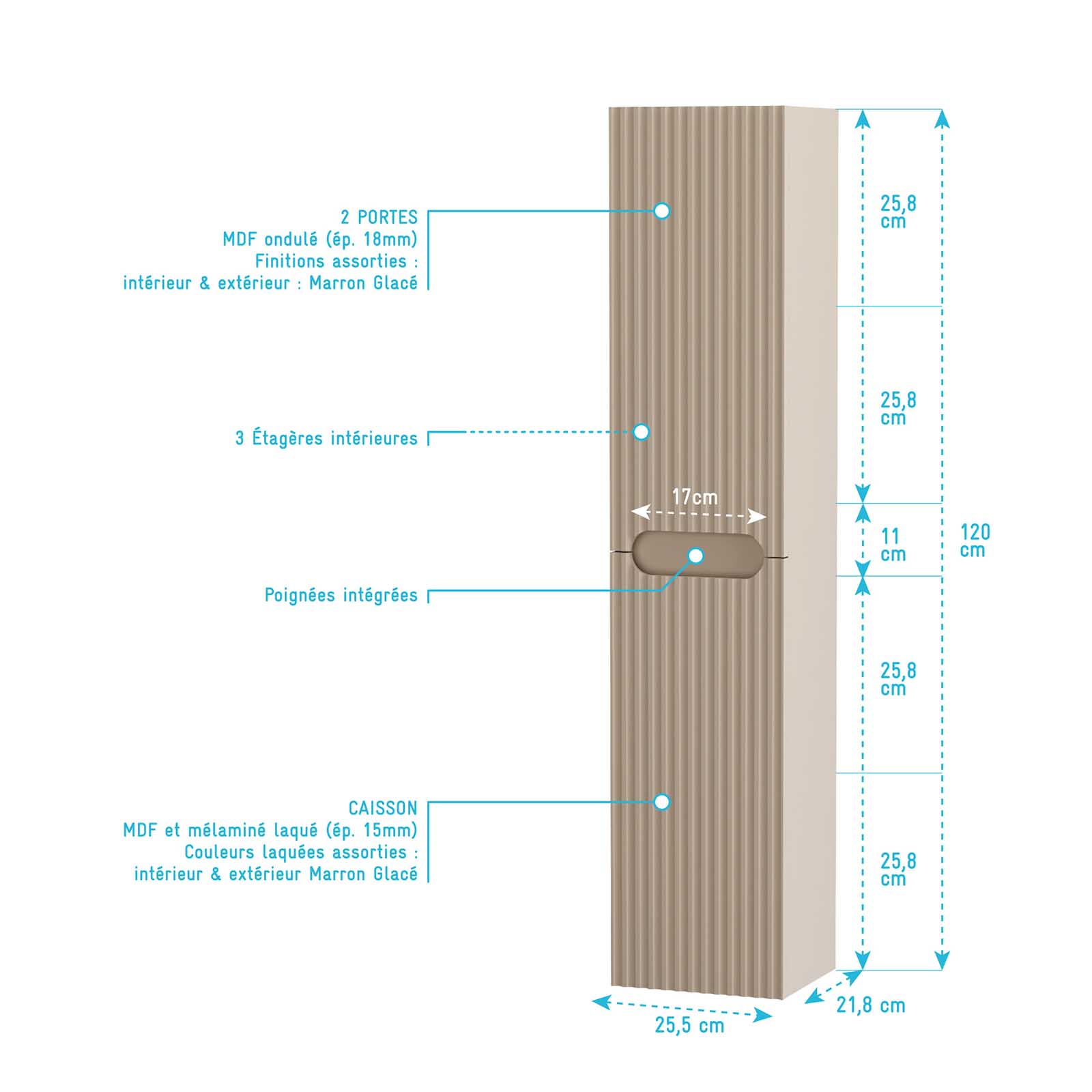 Meuble et colonne de Salle de Bains LEON 80cm Marron Glace - Façades Ondulées - Vasque Ronde 36cm - 5