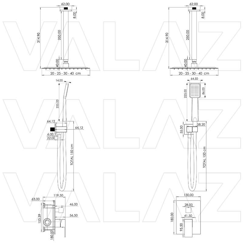 Valaz Ducha empotrada monomando a techo cuadrada negro mate - Serie Eresma - 30cm - 2