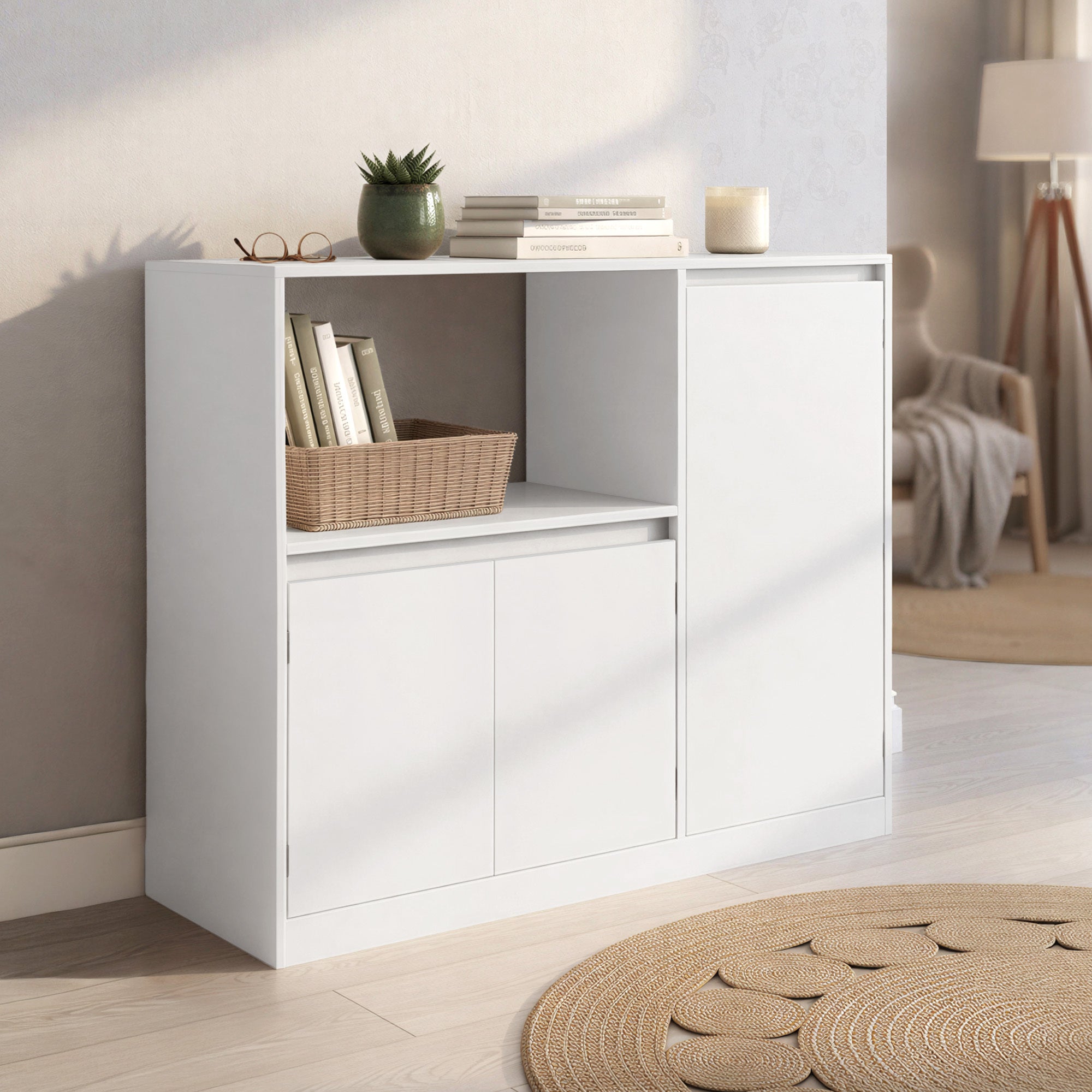 Armoire de Cuisine, Buffet avec Étagère Micro-ondes, 3 Portes, Plan de Travail, Compartiment Ouvert, Blanc - 2