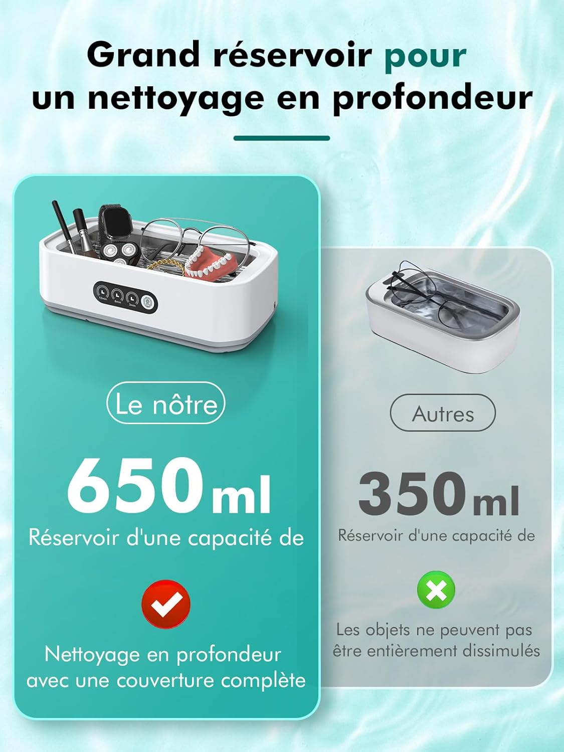 Nettoyeur à ultrasons, 48 ​​kHz, 650 ml, à une touche, adapté au nettoyage des lunettes, bijoux et prothèses dentaires - 6