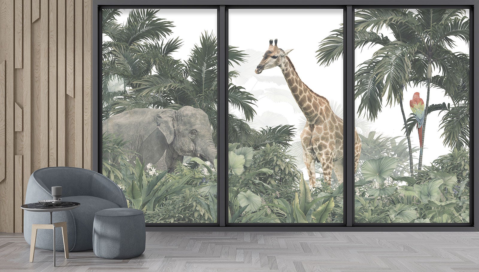 Papier peint panoramique intissé décoratif Trompe l'oeil baie vitrée - Animaux de la jungle - L260 cm x H156 cm - 4