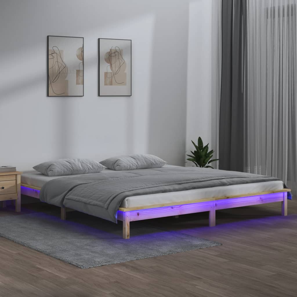Łóżko Drewniane Brązowe Rama Łóżka Stelaż Do Pokoju Sypialni LED 180x200 cm