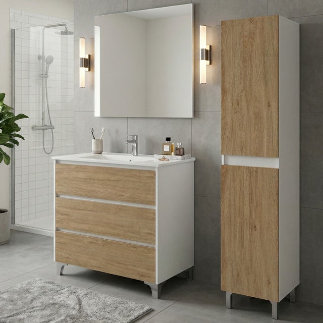 Ensemble meuble vasque L.80cm + 1 colonne sur pied Blanc laqué 3 tiroirs Chêne naturel LISBONA