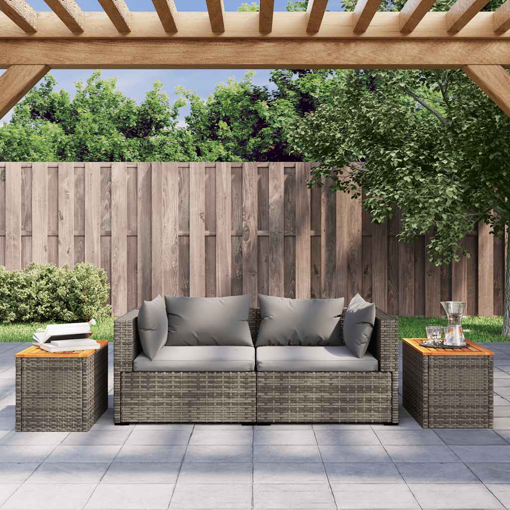Mesas de apoio p/ jardim, Mesa de terraço 2 pcs vime PE/madeira maciça cinzento - 3
