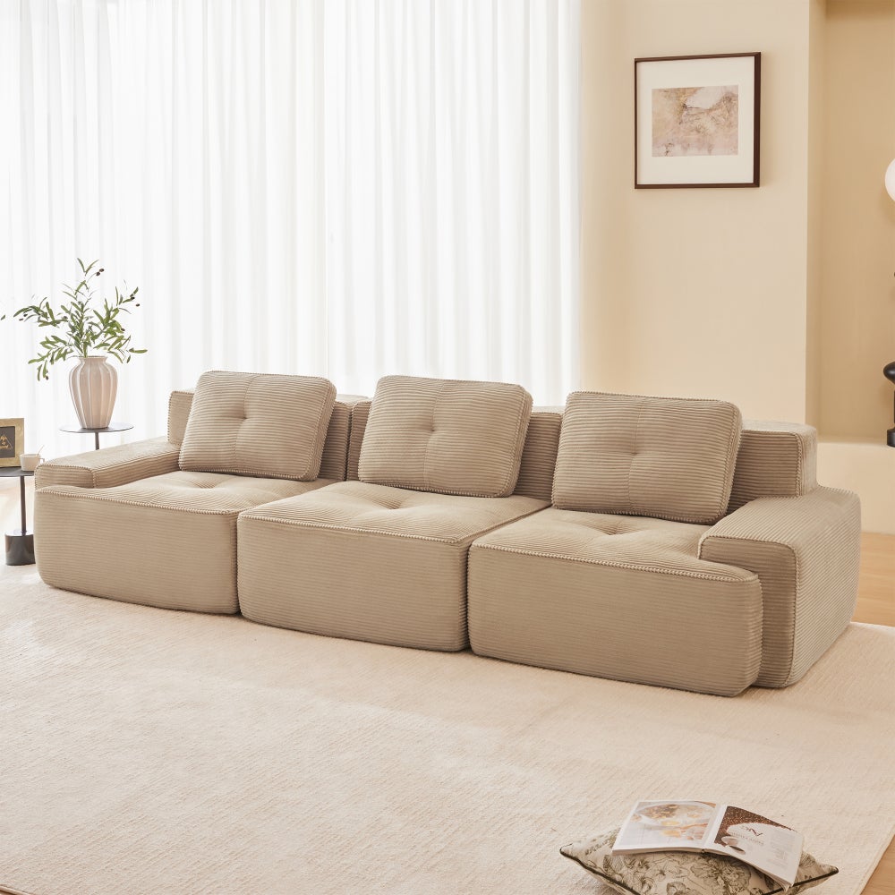 Sofa narożna modułowa, sztruksowa, duża, głębokie siedzisko, 3-osobowa, beżowa