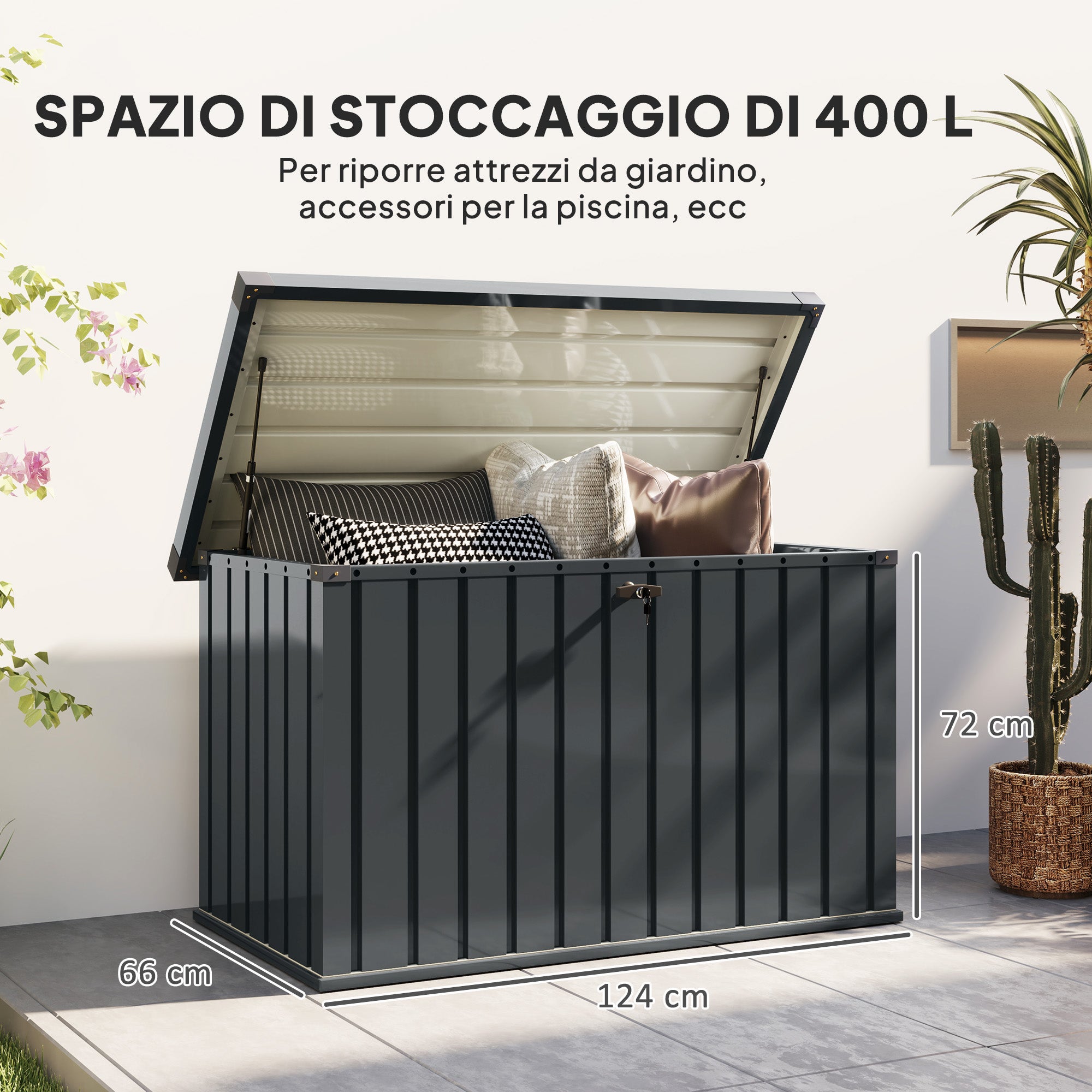 Outsunny Baule da Esterno da 400L in Acciaio Zincato con Serratura e 2 Chiavi 124x66x72 cm, Grigio Scuro - 3