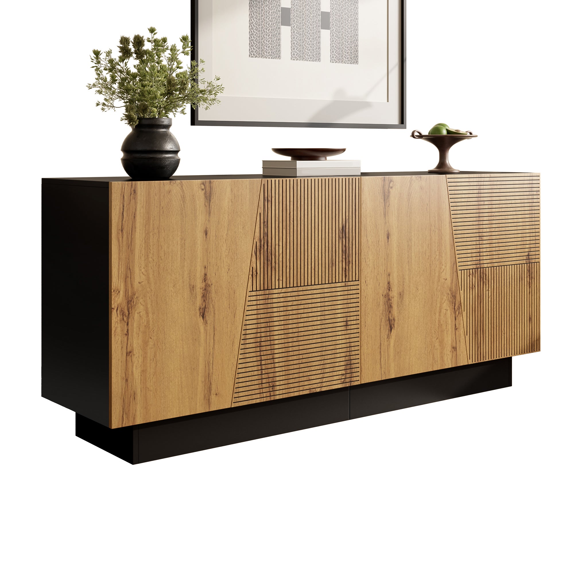 Nowoczesna komoda z 4 drzwiami - 160 x 40 x 72 cm - Płyta wiórowa - Drewno i czerń - 2