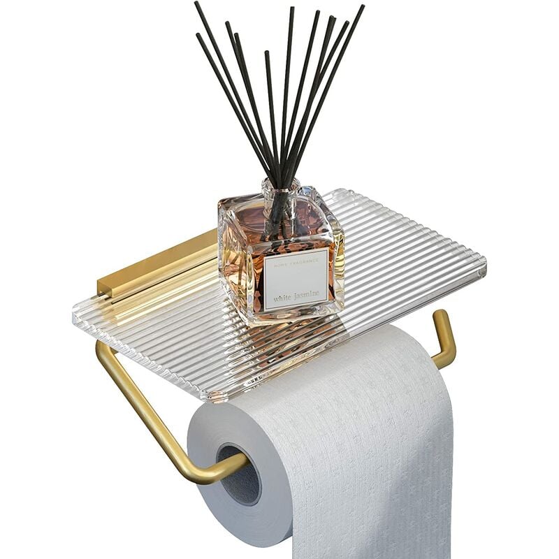 Uchwyt na papier toaletowy z półką, ścienny, łazienkowy, uchwyt na papier toaletowy, nierdzewny, akrylowy i aluminiowy, złoty