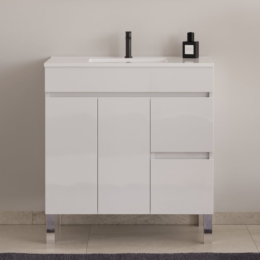 Meuble de salle de bain 80cm simple vasque sur pieds avec portes et tiroirs - blanc - HARO - 2