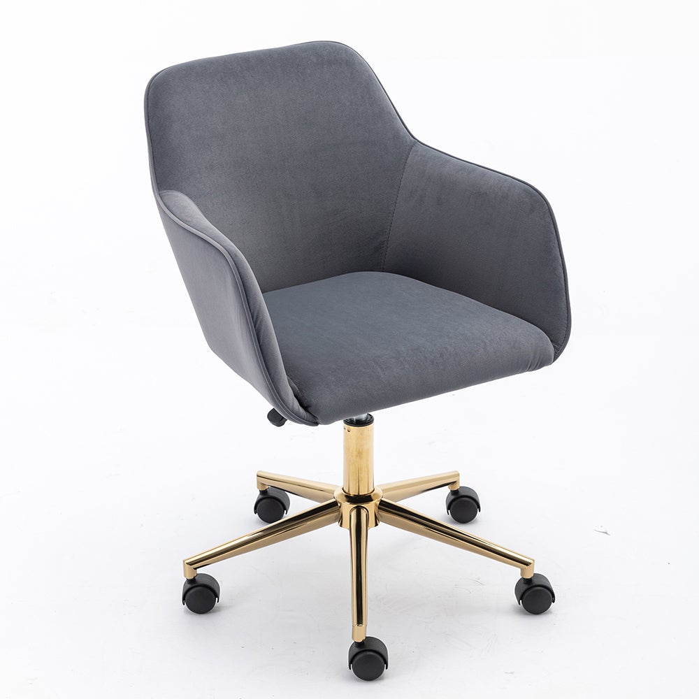 Chaise bureau velours pivotante réglable, pieds dorés, gris - 6