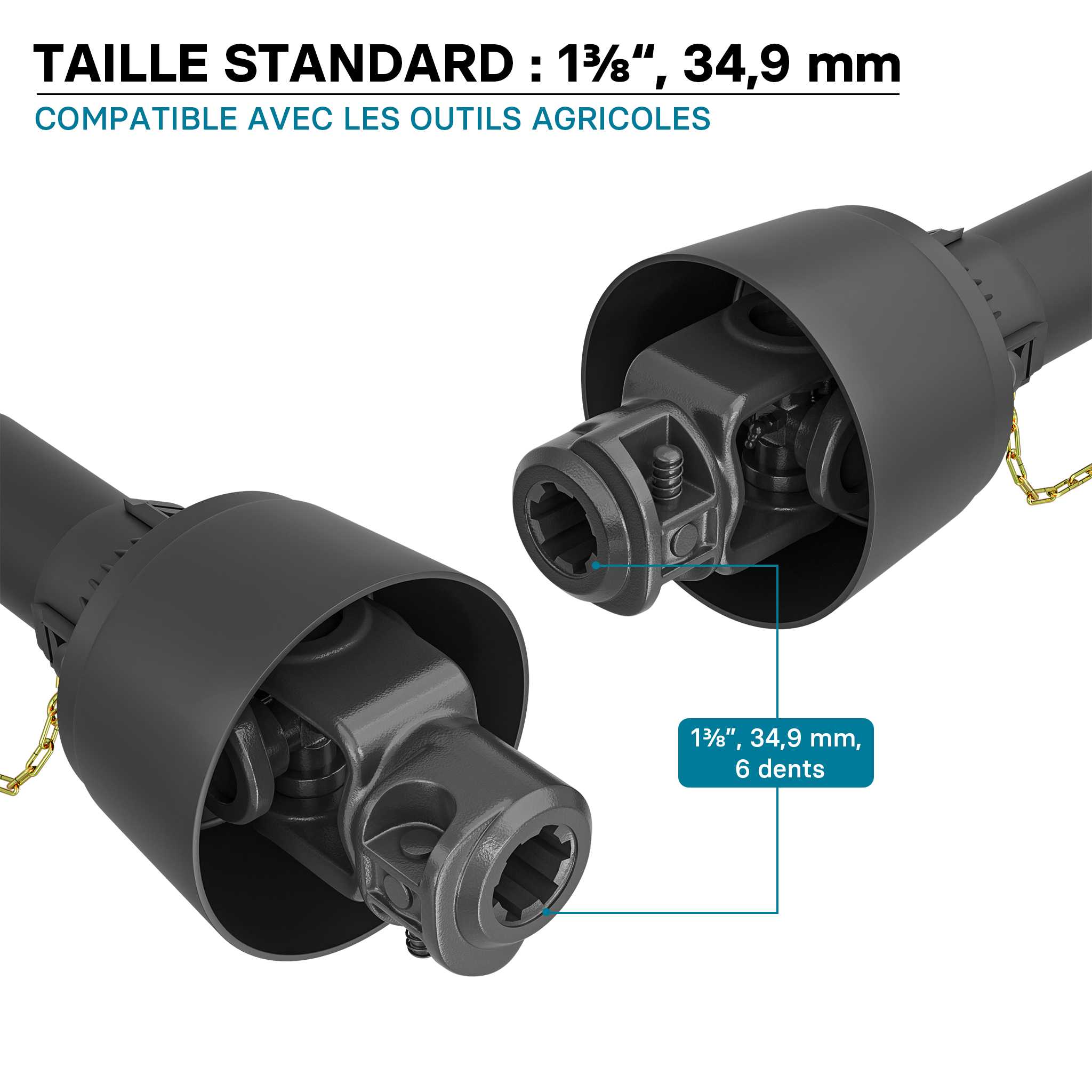 Arbre Transmission T6 Cardan 1000-1100mm 830Nm 540 tr/min 74kW (100CV) 2x 1 3/8