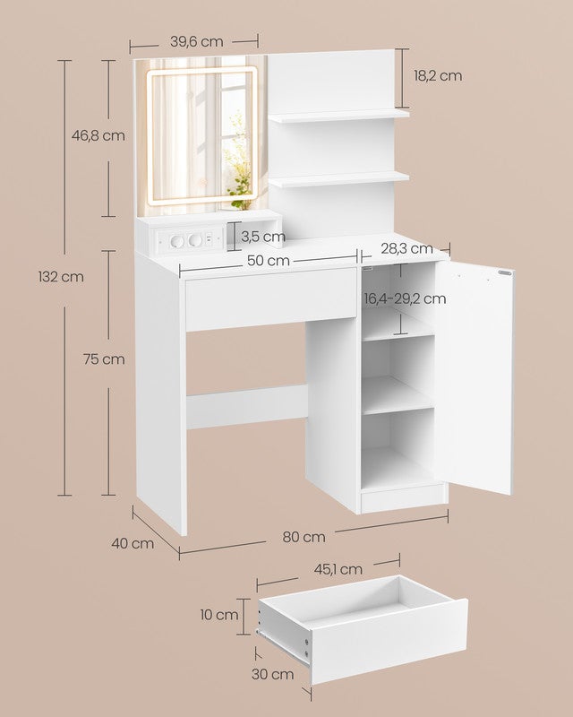 Coiffeuse avec Miroir LED, avec Multiprise, Compartiment avec 2 Étagères Réglables, 1 Tiroir, 2 Étagères, Coin Beauté, Moderne, Blanc - 5