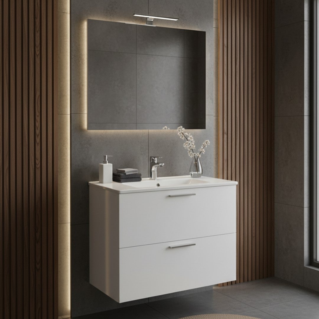 Mueble baño 80 cm blanco con 2 cajones incl. lavabo y espejo con luz - Mia | Vitra - 3