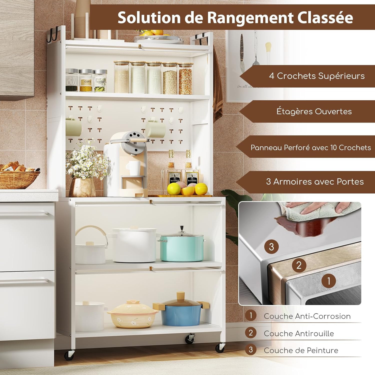 Aparador Alacena de Cocina, Soporte para Microondas con Puertas Inclinables y Gabinetes, Panel de Perforaciones con Ganchos, Ruedas y Patas Aj - 5
