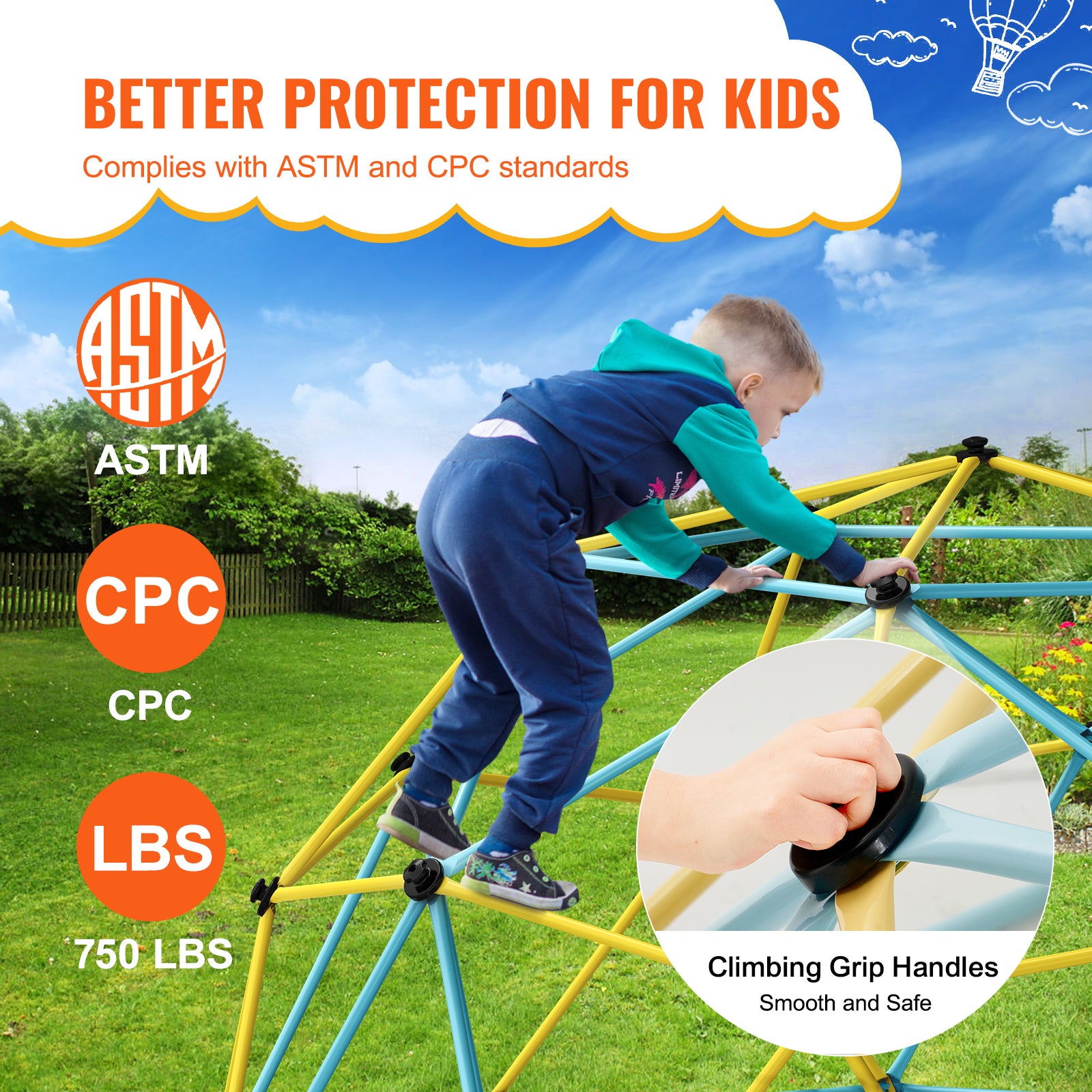 Dôme d'Escalade Géométrique pour Enfants VEVOR 3-10 Ans,Cage d'Escalade 305 cm,Supporte 340 kg,avec Poignée d'Escalade,Aire de Jeux Extérieure - 4