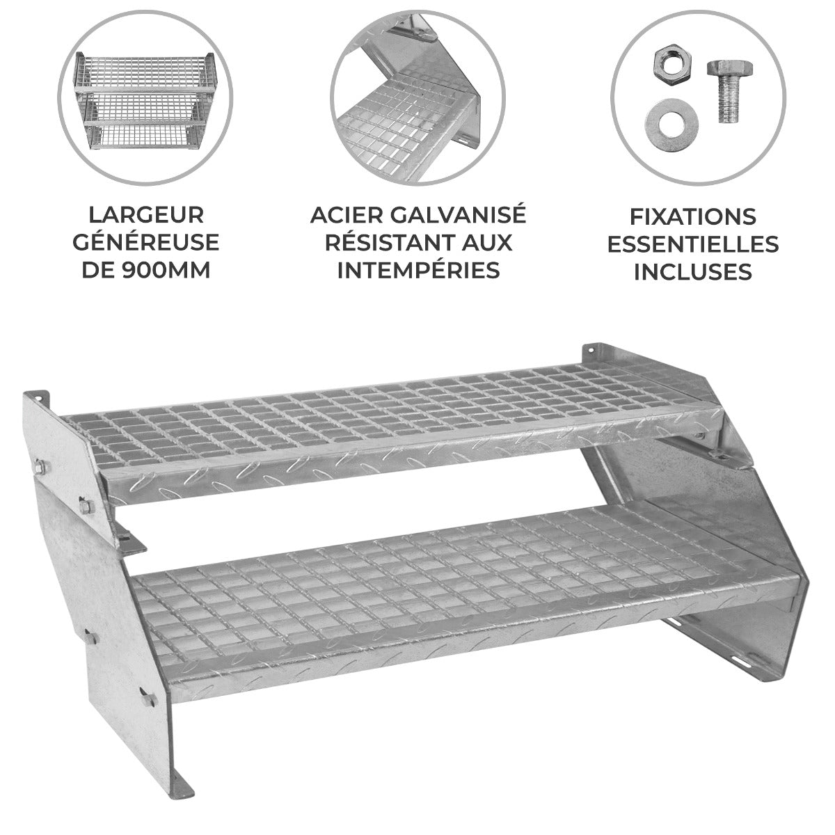 Scala in metallo a 2 livelli regolabile in altezza 90 cm di larghezza Acciaio zincato argento 2 gradini regolabili - 2