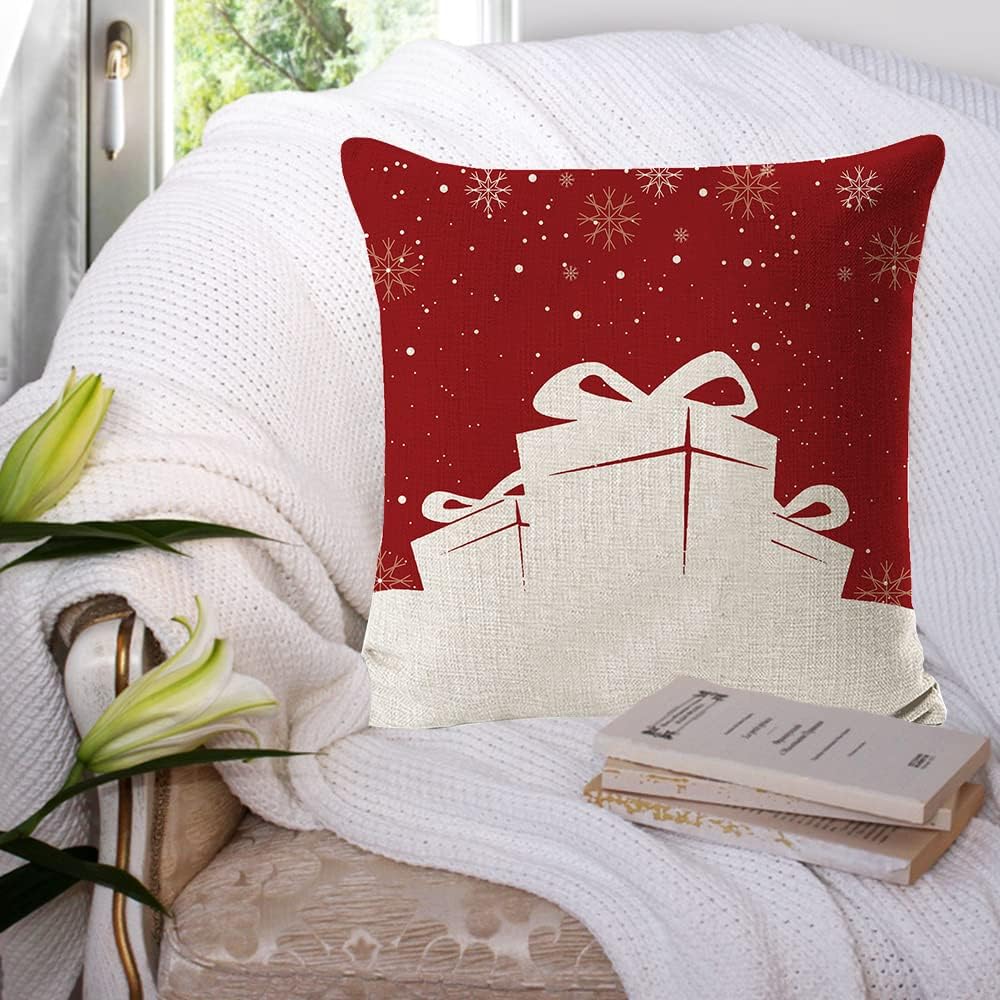 Set Di 4 Federe Cuscini Natalizie In Lino 45x45 Cm | Stampe Classiche Di Natale | Cerniera Invisibile | Lavabile In Lavatrice | Solo Fodere