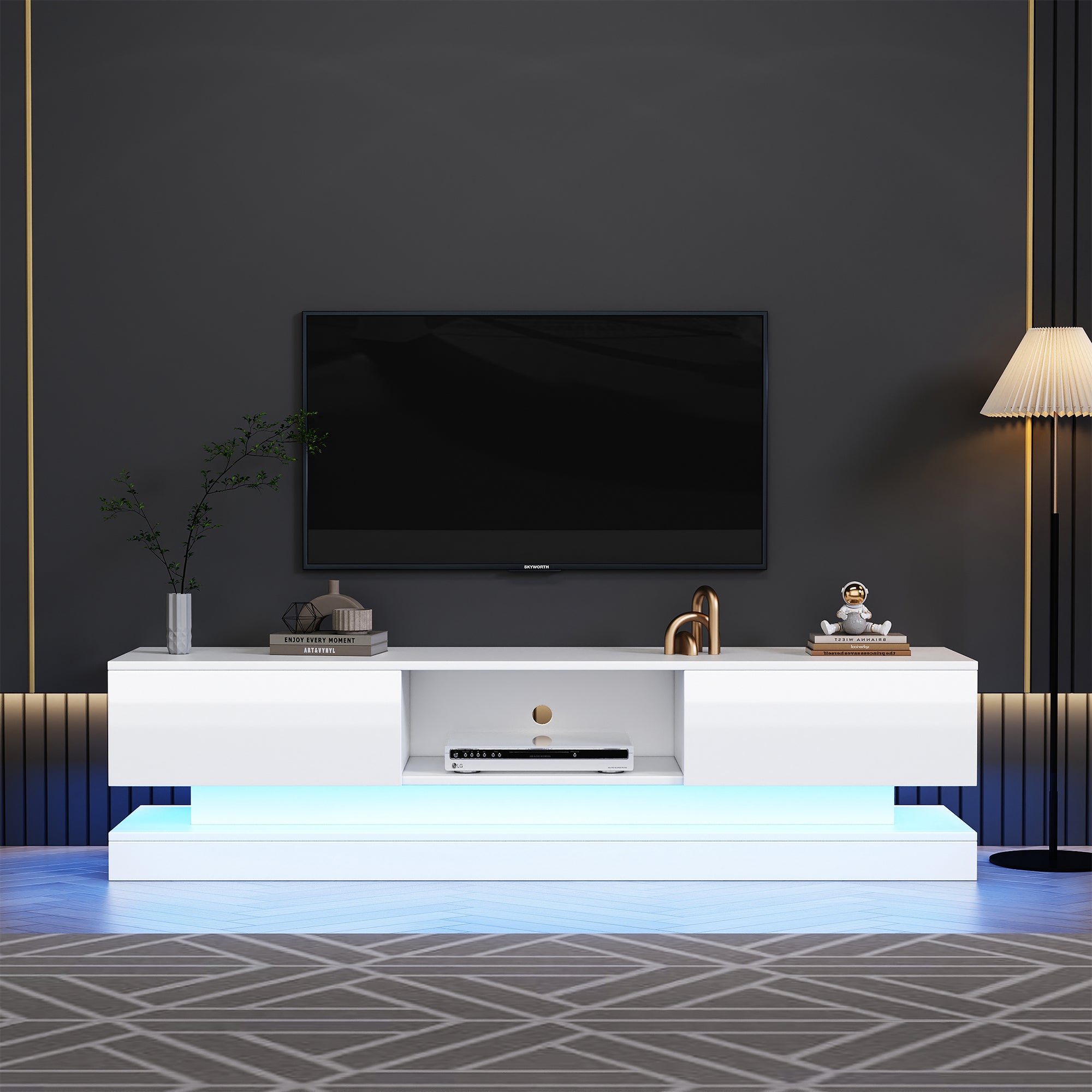 TV-Schrank z LED - Białe Wysokie Bliskie 160x35x40.5cm, 2 Schublady, Anti-Kipp, do Telewizorów 60-calowych