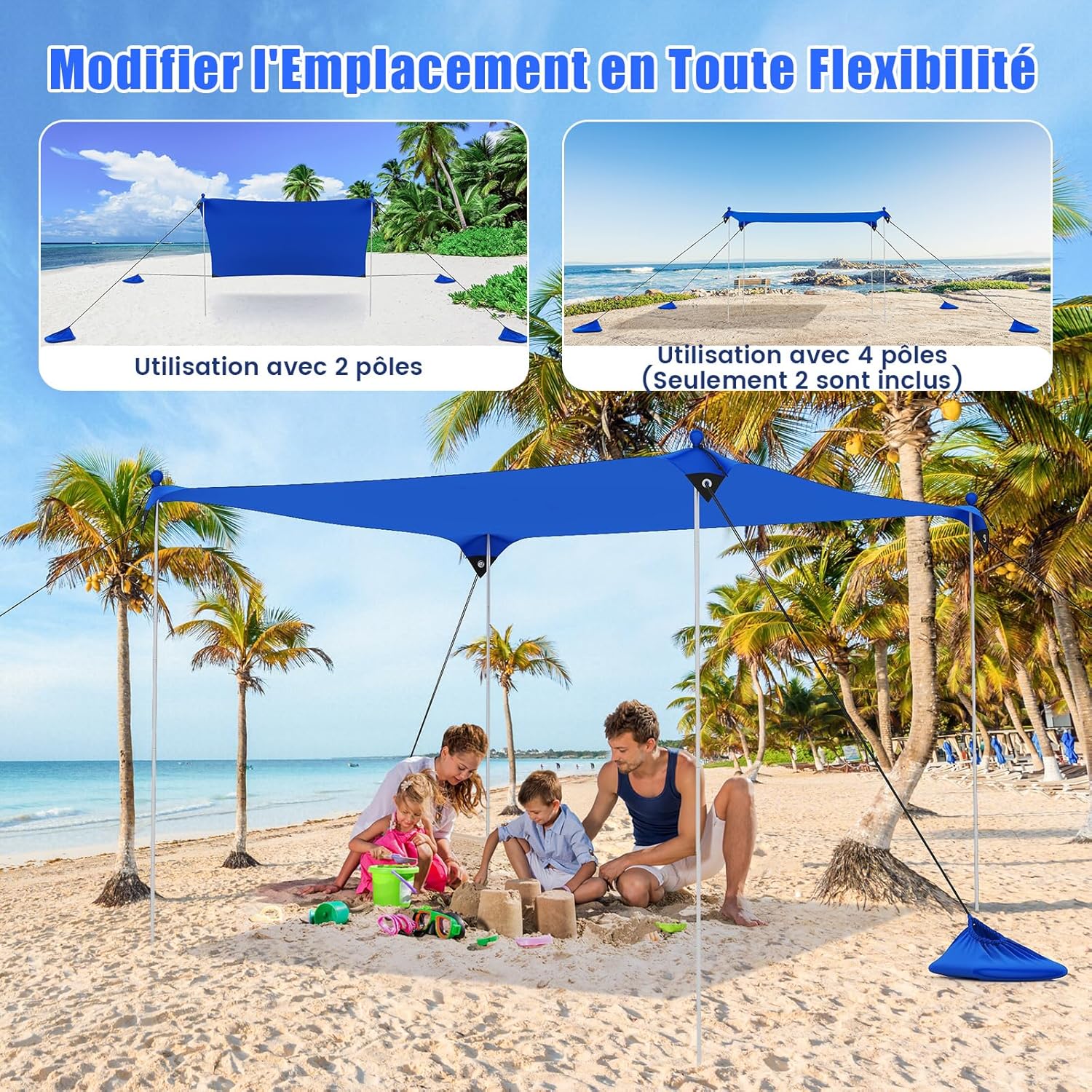 Namiot plażowy 300 x 300 cm, namiot słoneczny z kotwami do piasku, workami na piasek i 2 drążkami podporowymi, przenośna ochrona przed słońcem