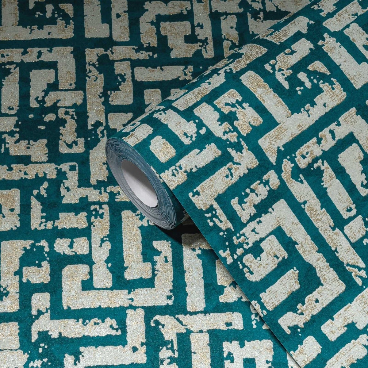 Tapeta figury geometryczne petrol blue,złotymIsrebrnym - 53 cm x 10.05 m - LIVINGWALLS