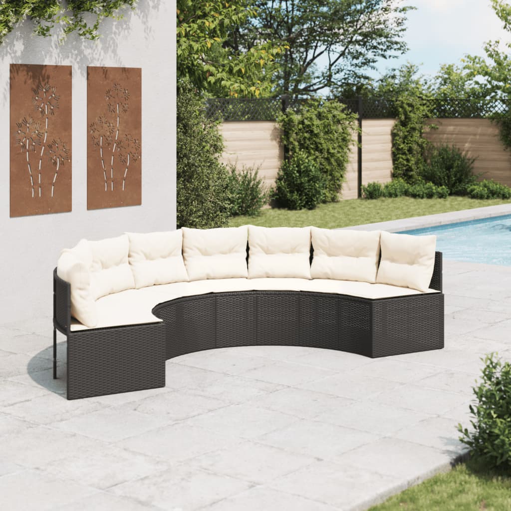 Sofa ogrodowa z poduszkami, półokrągła, czarny rattan PE vidaXL
