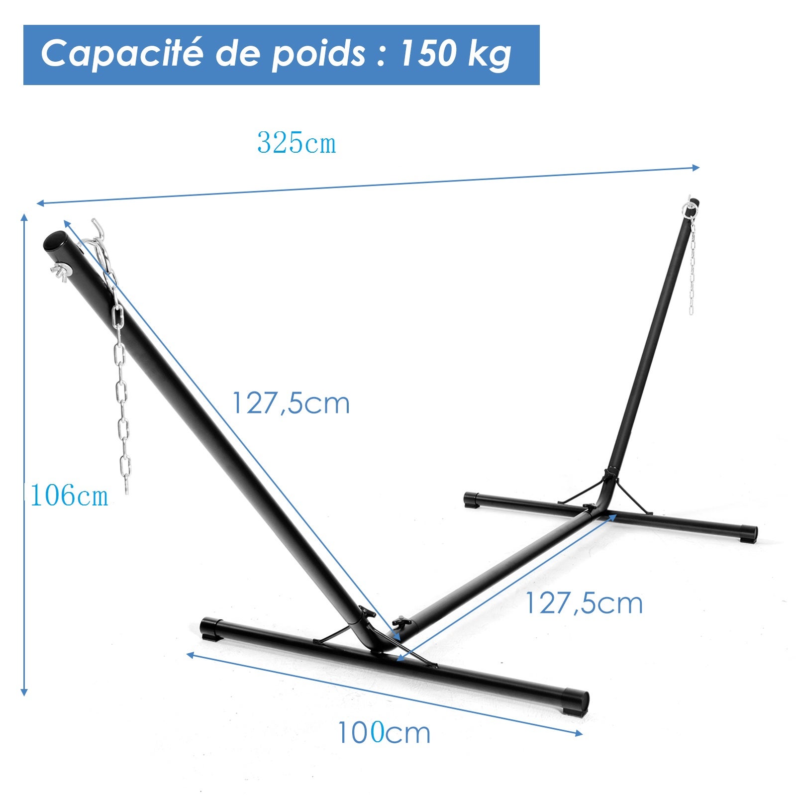 Support de Hamac en Métal 325 x 100 x 106 cm, Charge 150 KG, Structure de Hamac&nbsp;pour Accrocher Lit Balancelle et Chaises Suspendues, Noir - 8