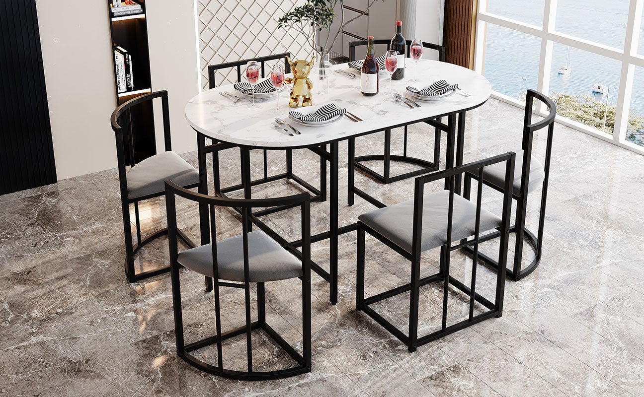 Set tavolo da pranzo con 6 sedie - 140 x 80 x 76 cm - MDF e gambe in metallo nero - Effetto marmo - Bianco + grigio - 4