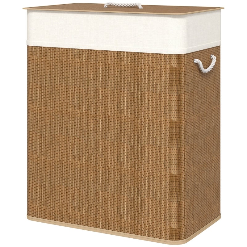 Cesto de ropa de bambú marrón 100l con tapa - asas de cuerda, bolsa extraíble