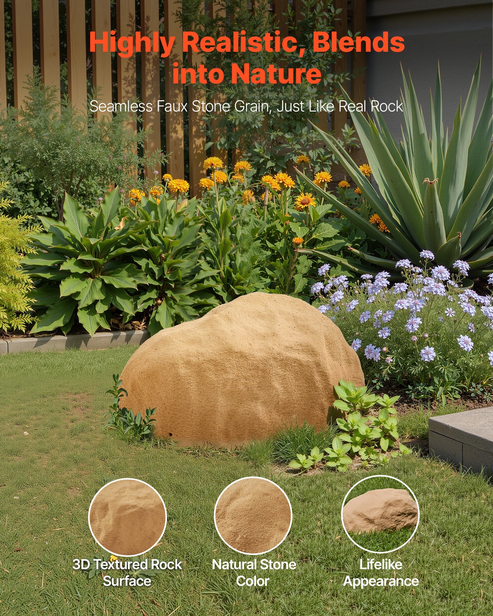 Roccia finta da giardino VEVOR, resina, copripompa/pozzo, piccola, aspetto realistico, decorazione esterna/paesaggio, giallo sabbia - 2