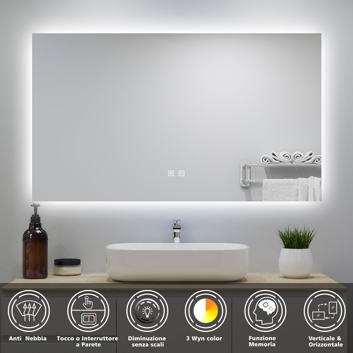 Specchio Da Bagno LED ODDSAN 24x36, Dimmerabile, Anti-appannamento, Luce Regolabile Da 3000K A 6000K, Montaggio Orizzontale/verticale - 2