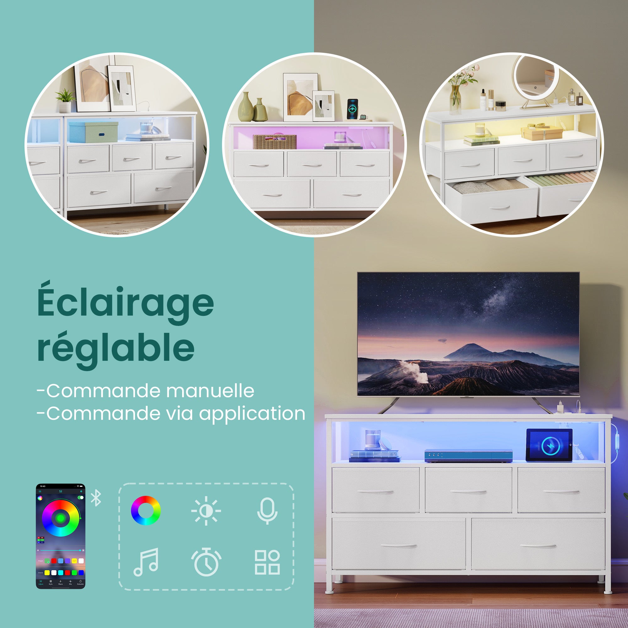 Meuble de Rangement avec LED Réglable et Multiprise, 5 Tiroirs en Tissu, Style Moderne, Chambre, Blanc - 4