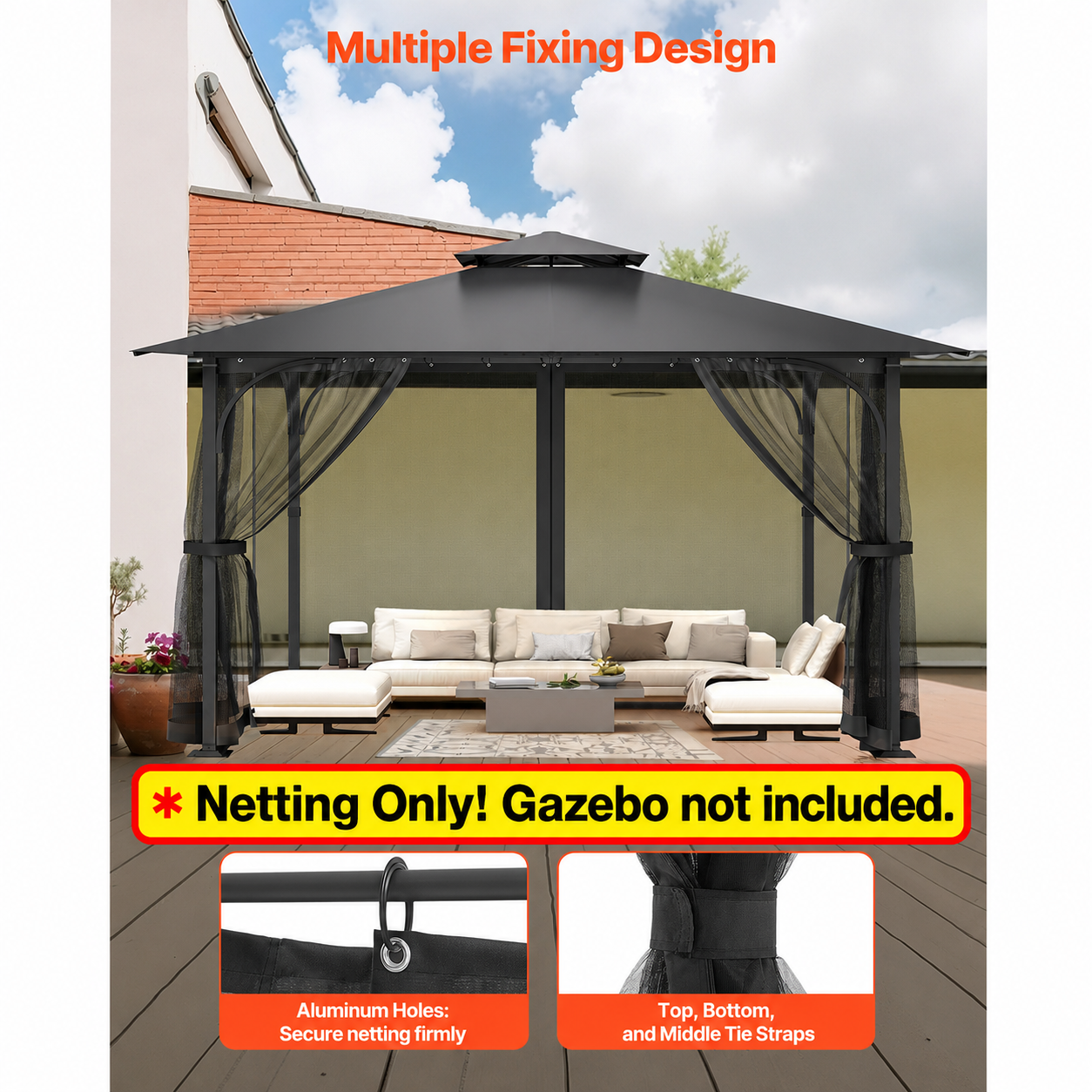 Moustiquaire de Tonnelle VEVOR 340 x 340 x 226 cm, pour Gazebo 365,8 x 365,8 cm, 4 Panneaux Zippés, 48 Crochets et Anneaux, Noir - 3