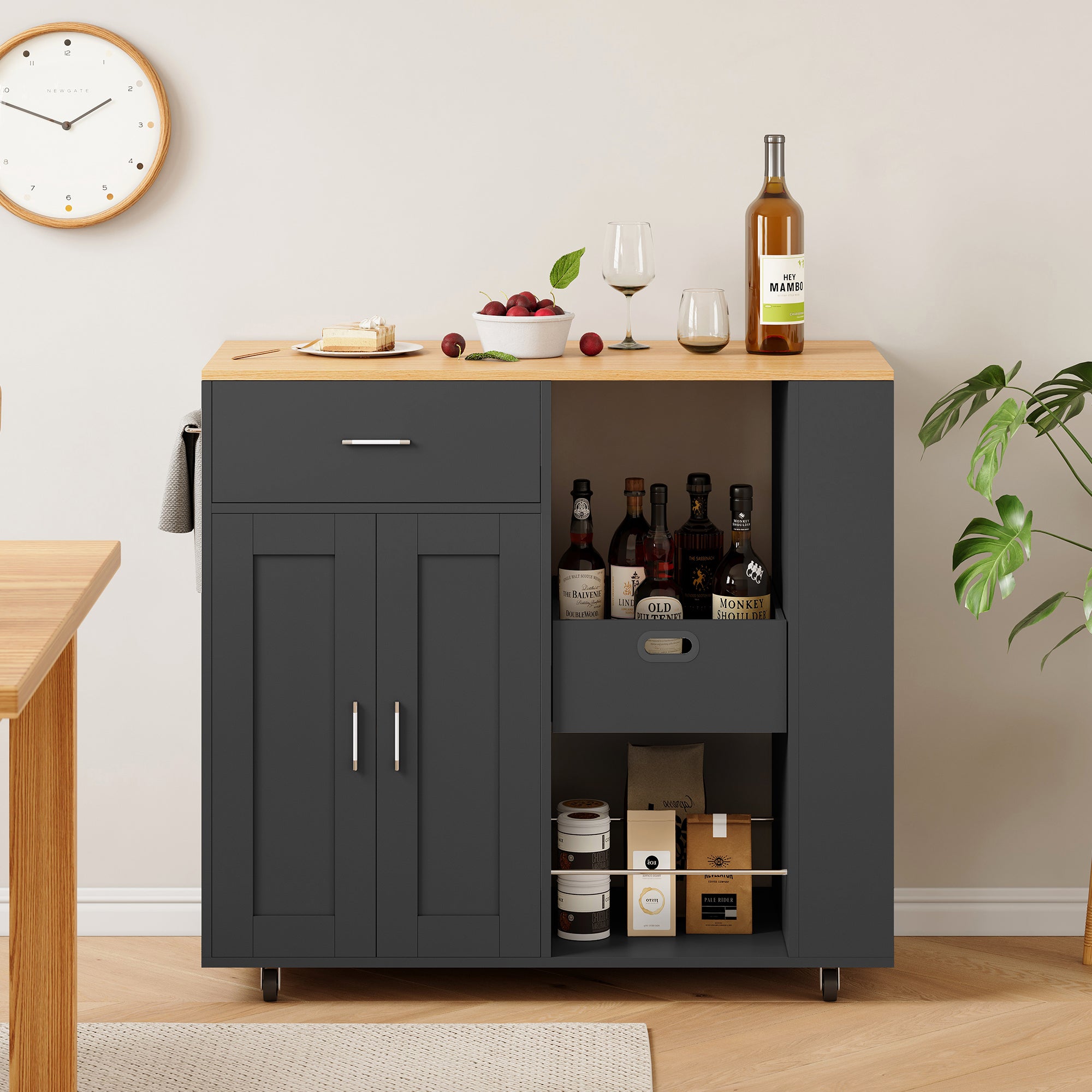 Carrito de cocina con ruedas - isla central - bandeja de madera - 102x46x92 cm - varios compartimentos y especiero - negro