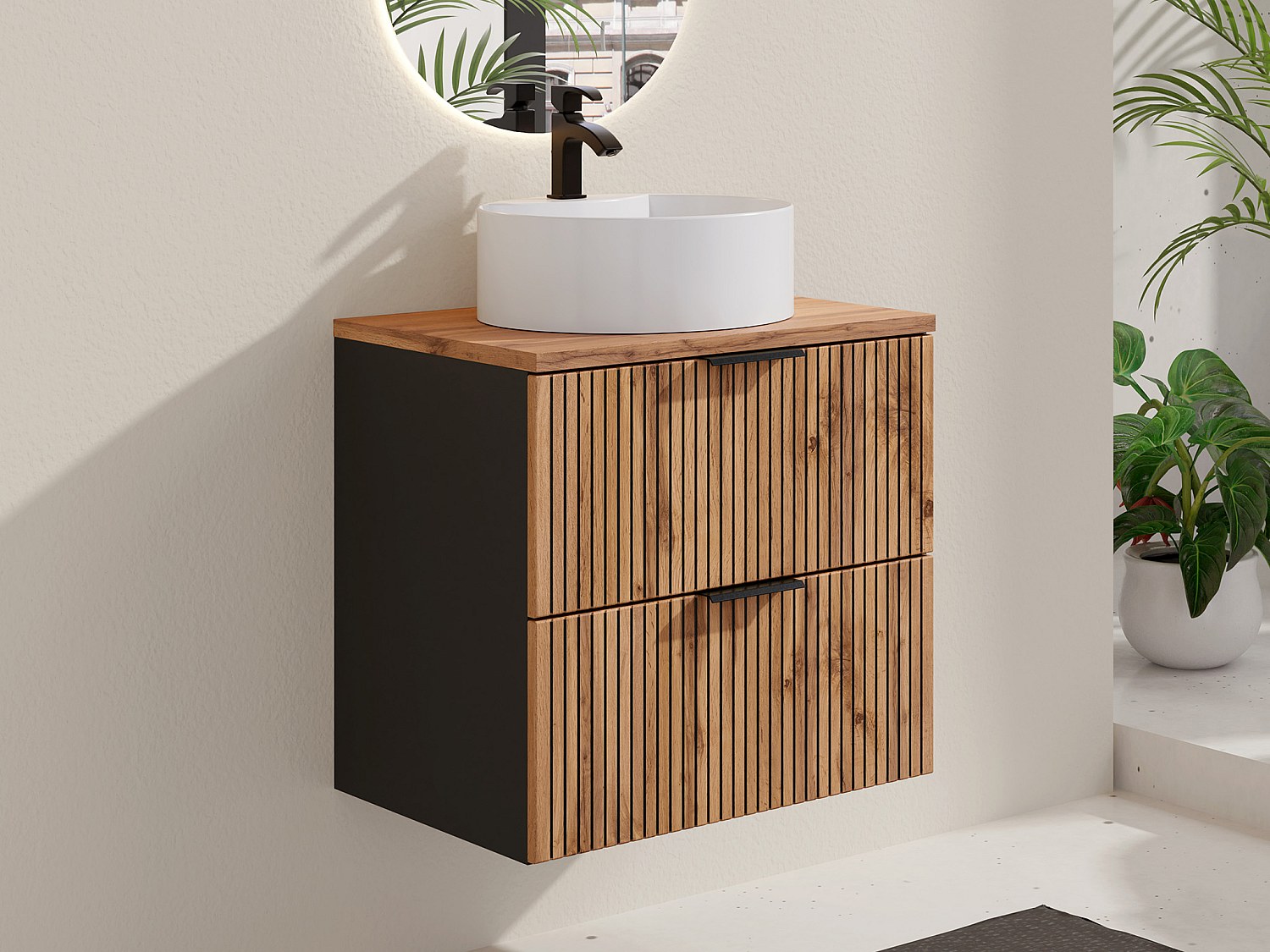 Wisząca szafka łazienkowa z prążkowanym frontem i okrągłą umywalką nablatową – jasny naturalny/ czarny – 60 cm – MADELA