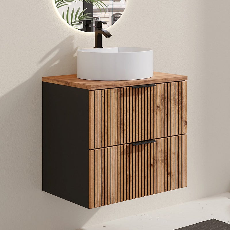 Wisząca szafka łazienkowa z prążkowanym frontem i okrągłą umywalką nablatową – jasny naturalny/ czarny – 60 cm – MADELA