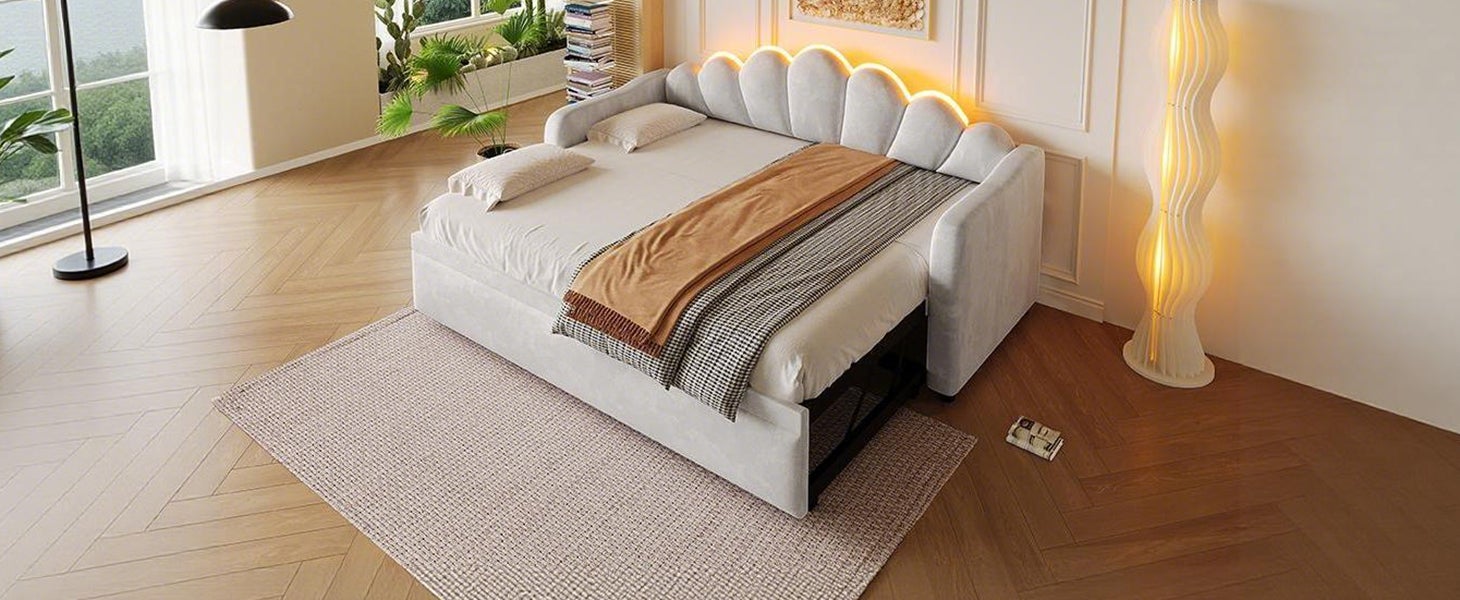 Łóżko wysuwane 90 x 200 cm z zagłówkiem i oświetleniem LED - MDF, sklejka i aksamit - 10 listew - Szare (Materac nie jest wliczony w cenę) - 8