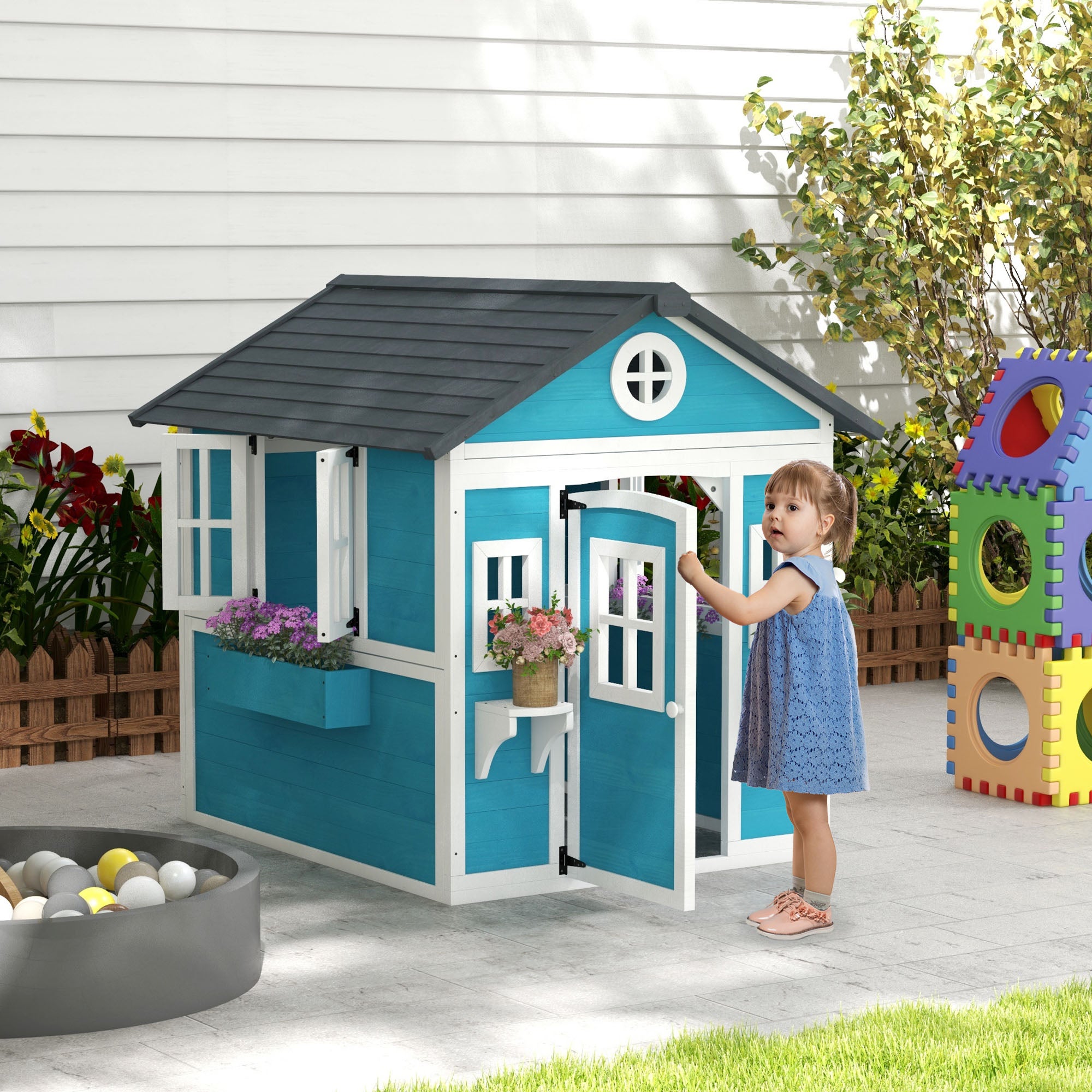 Cabane enfant extérieur maison enfant extérieure avec porte fenêtres et jardinières 114 x 126,4 x 135 cm bleu pour la maison - 4