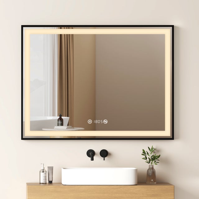 EMKE Miroir lumineux salle de bain 80x60cm, Cadre noir, Miroir LED avec Interrupteur Tactile, Anti-buée, Horloge et Température, Lumière Neutre