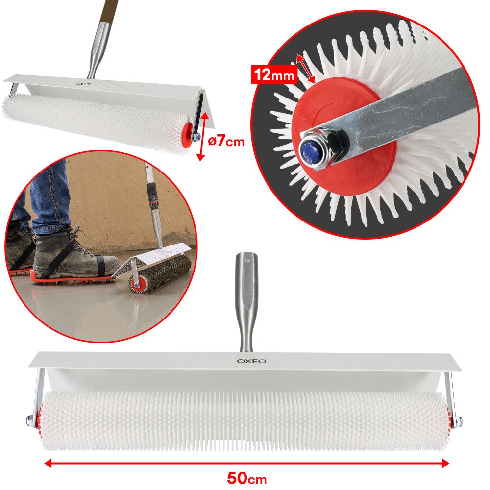 Kit outils ragréage - Rouleaux débulleurs 25-50cm - Râteau autonivelant 56cm - Chaussures pointes acier - Ciment auto-nivelant - 4