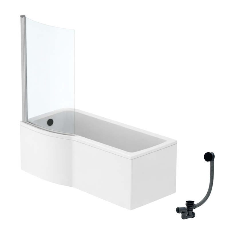 Ideal standard connect air, conjunto de bañera/ducha izquierda de 170 x 80 cm + delantal + mampara fija + desagüe, negro mate.