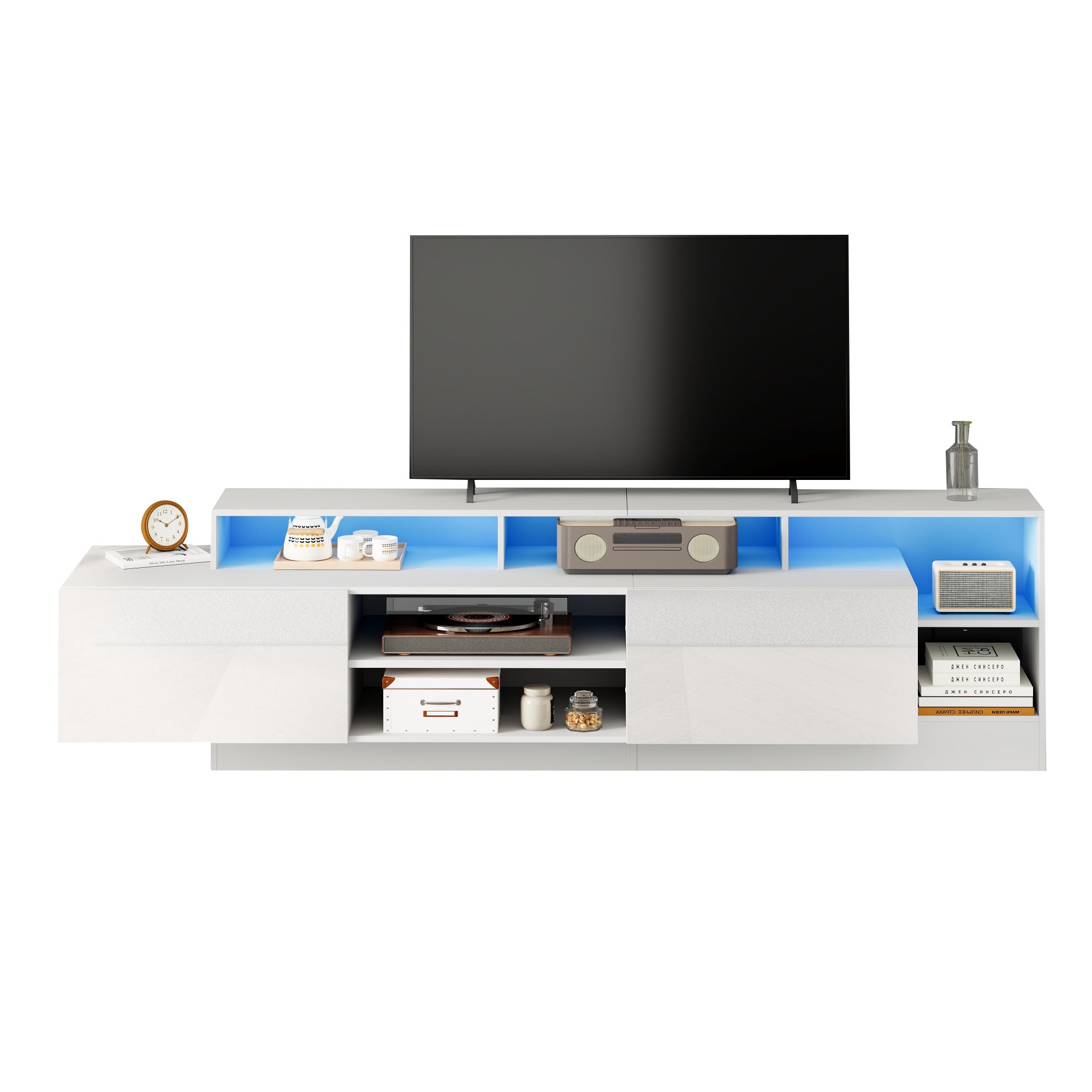 Meble pod TV 190x40x48,5 cm - z oświetleniem LED - z 2 frontami odchylanymi - Otwarta przestrzeń do przechowywania - Błyszczące wykończenie - Biały - 7