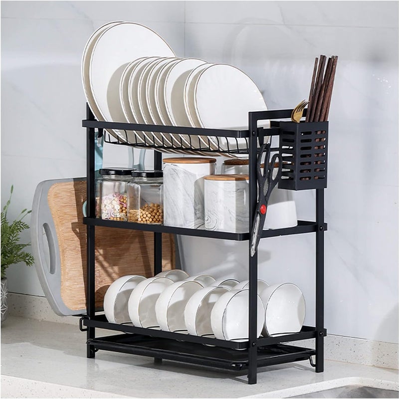Trzypoziomowy ociekacz na przybory kuchenne, czarny ociekacz do naczyń