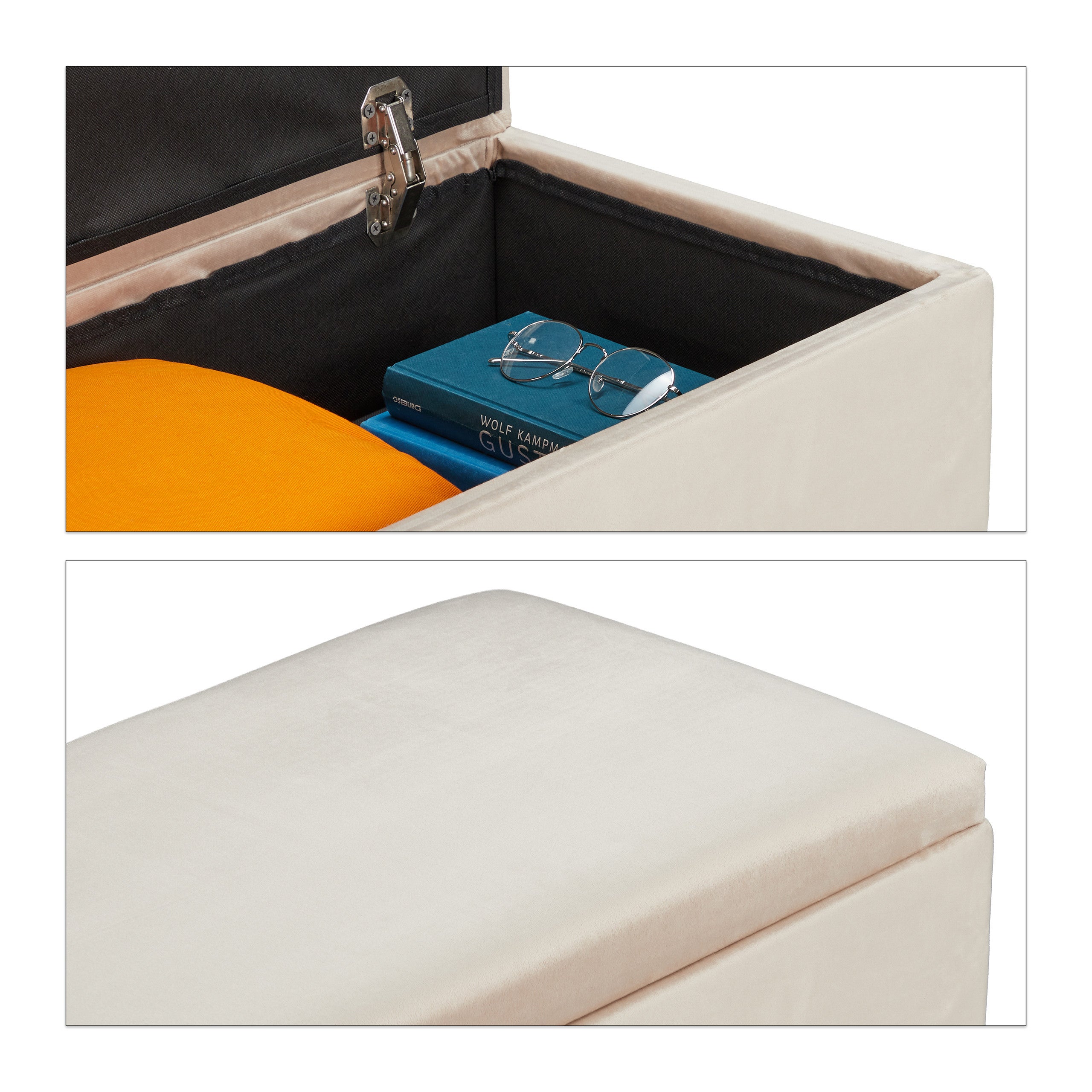 Banc siège avec espace de rangement, housse velours, 40 l, rembourrée, pieds en bois, entrée,41x80x40c, crème, Relaxdays - 6