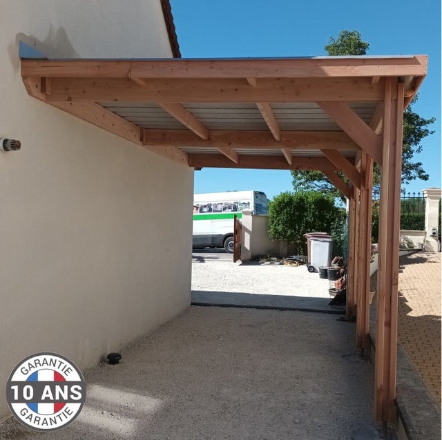Carport adossé toit plat 300cmx650cm, bois DOUGLAS Français (Charpente en bois-auvent-abri voiture) 20 m². Garantie 10 ans