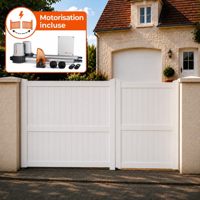 Portail battant électrique PVC blanc avec moteur Sentinel H 180 x L 250 GUÉRANDE