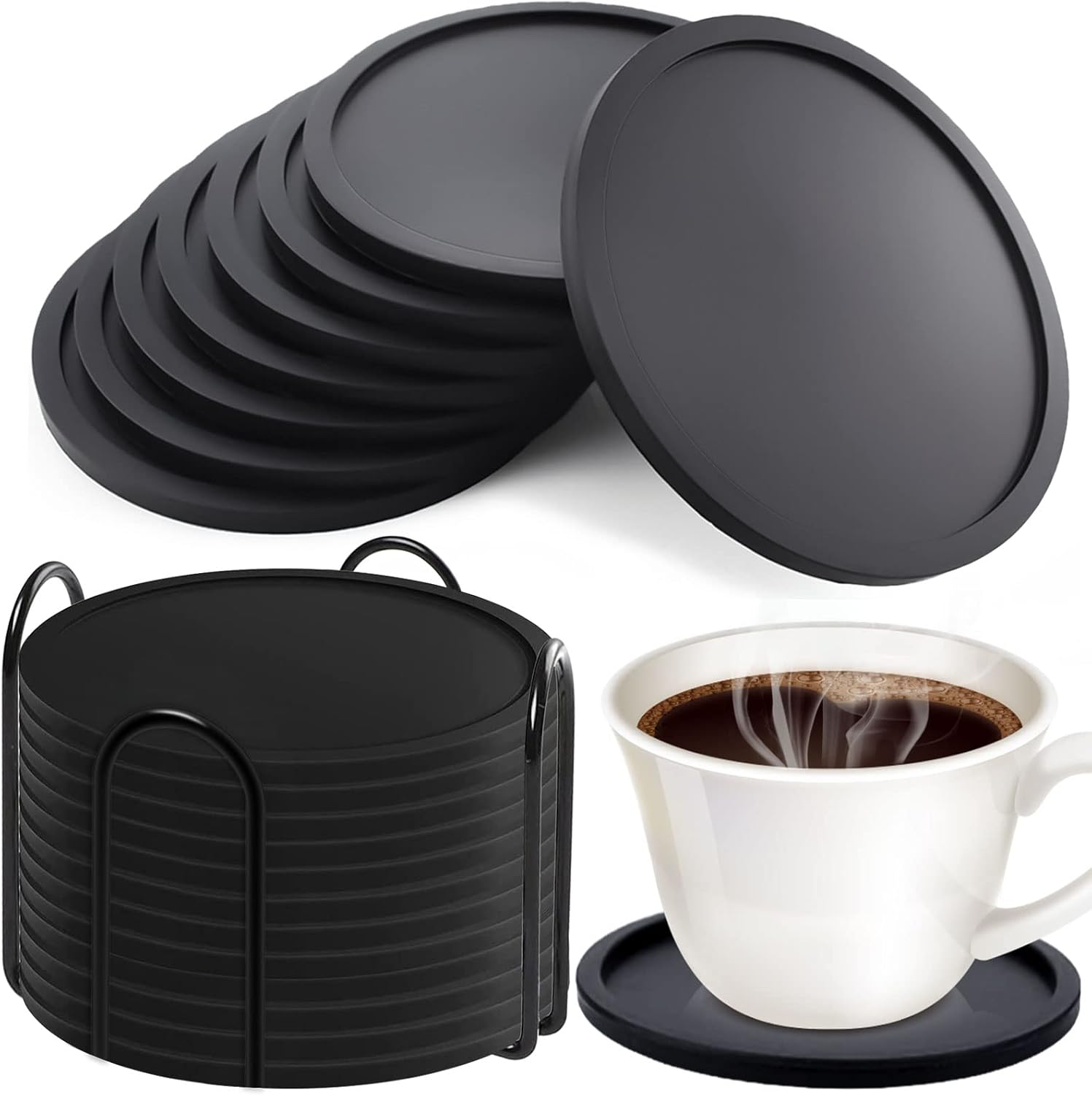 Zestaw 12 okrągłych, czarnych silikonowych podstawek o średnicy 7 cm, antypoślizgowe, czarne, odpowiednie do kufli do piwa, filiżanek do kawy