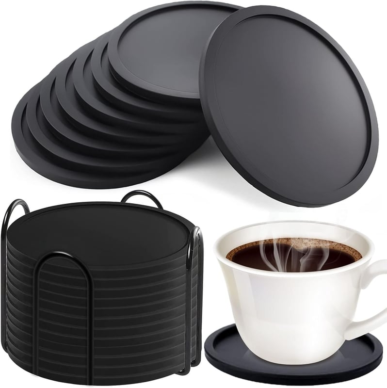 Zestaw 12 okrągłych, czarnych silikonowych podstawek o średnicy 7 cm, antypoślizgowe, czarne, odpowiednie do kufli do piwa, filiżanek do kawy