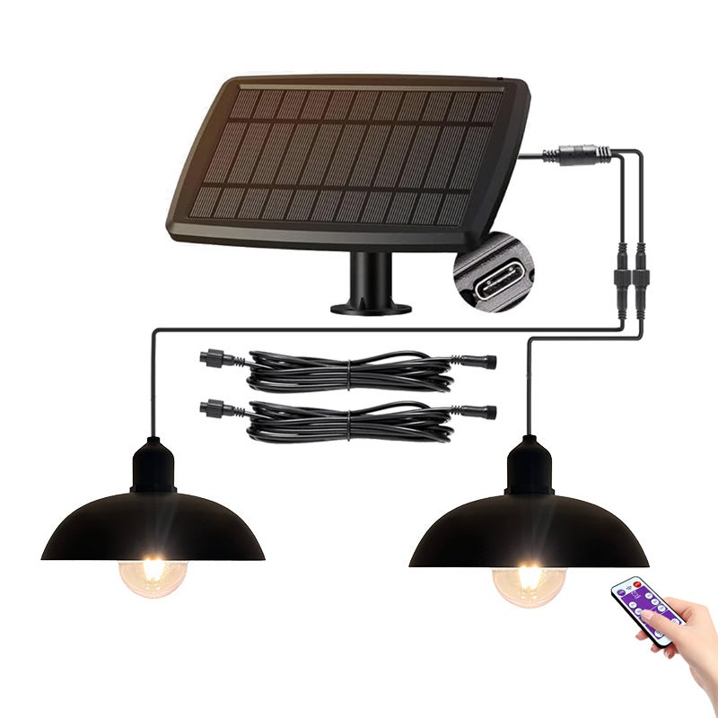 Lampa solarna wisząca z pilotem, lampa wisząca z panelem słonecznym z dwiema żarówkami, idealna do altan ogrodowych, wodoszczelność IP44