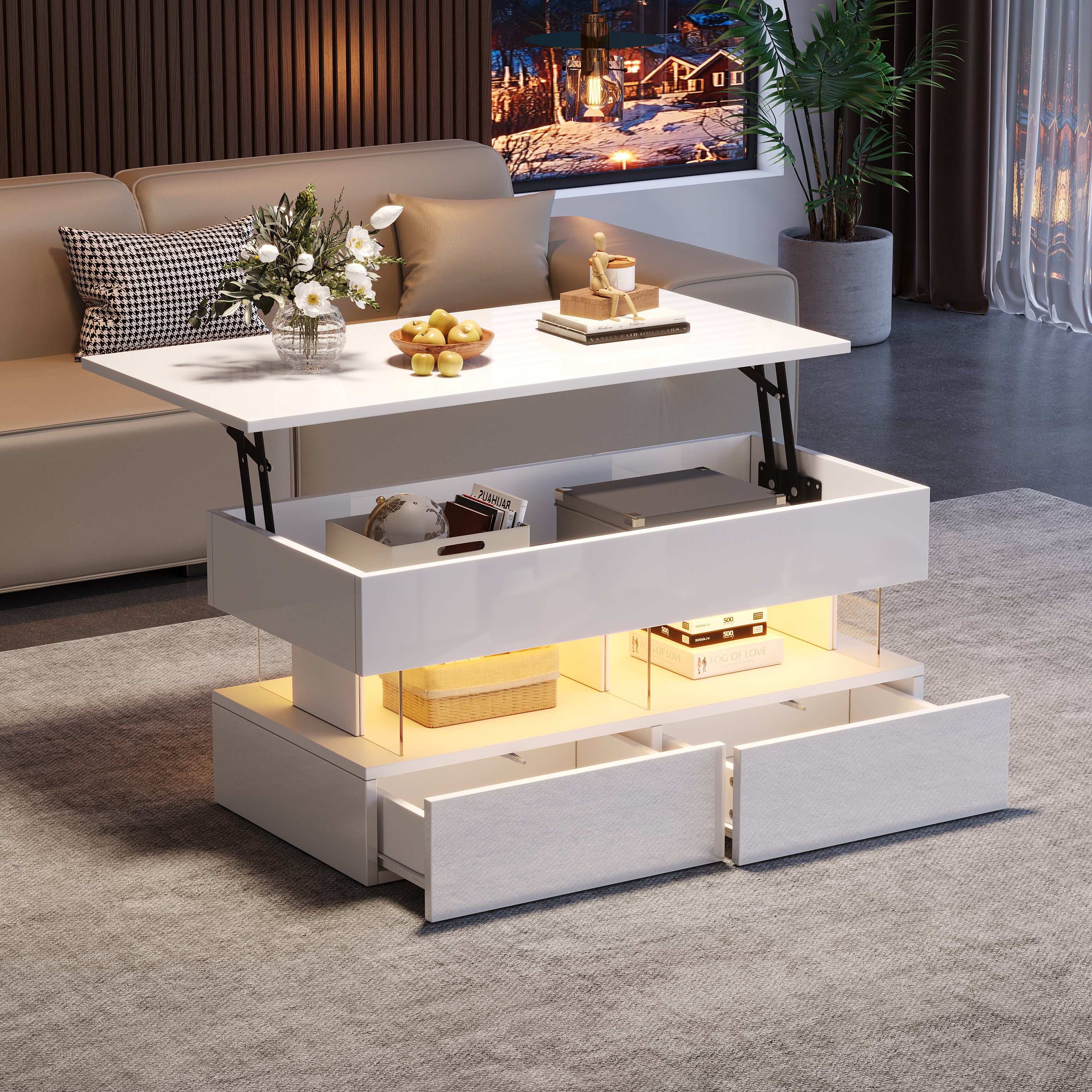 Stolik kawowy z podnoszonym blatem 100x50x46 cm - z oświetleniem LED - 2 szuflady - MDF + szkło hartowane - biały